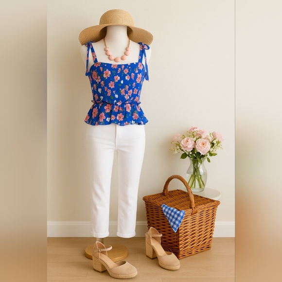 Yumi Kim Women's Blue Floral Tie Strap Peplum Aroma Top Size L